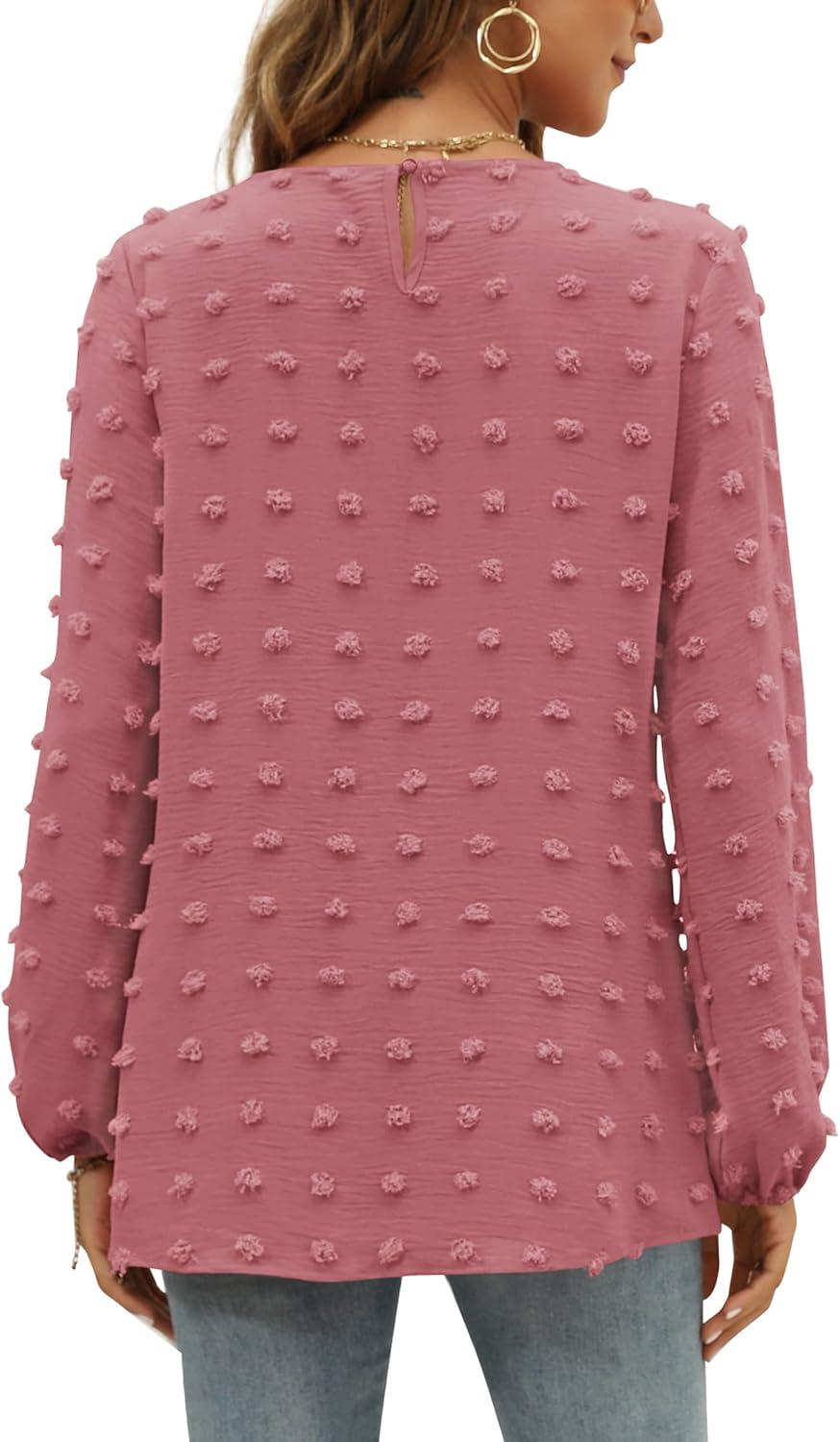 imageXIEERDUO Womens Chiffon Blouses Long Sleeve Crewneck Tops Dressy Casual Loose Pompom Shirts01abrick Red