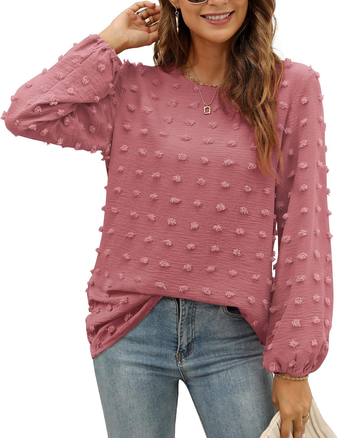 imageXIEERDUO Womens Chiffon Blouses Long Sleeve Crewneck Tops Dressy Casual Loose Pompom Shirts01abrick Red