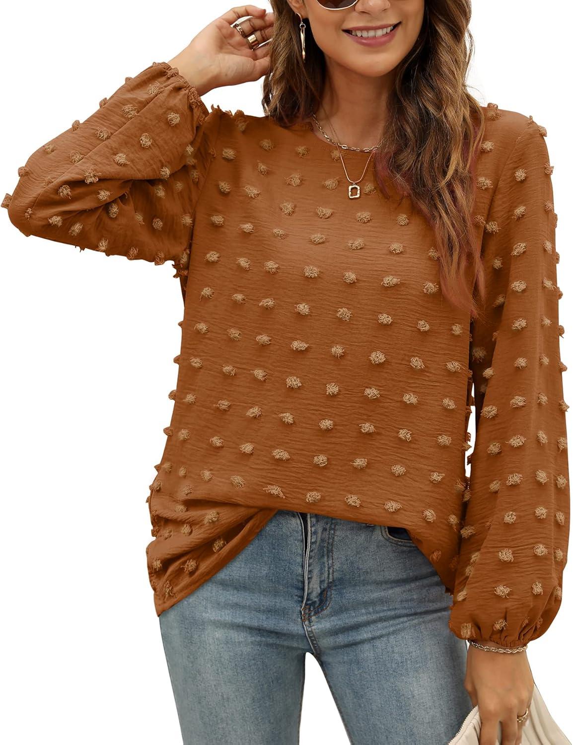 imageXIEERDUO Womens Chiffon Blouses Long Sleeve Crewneck Tops Dressy Casual Loose Pompom Shirts01caramel