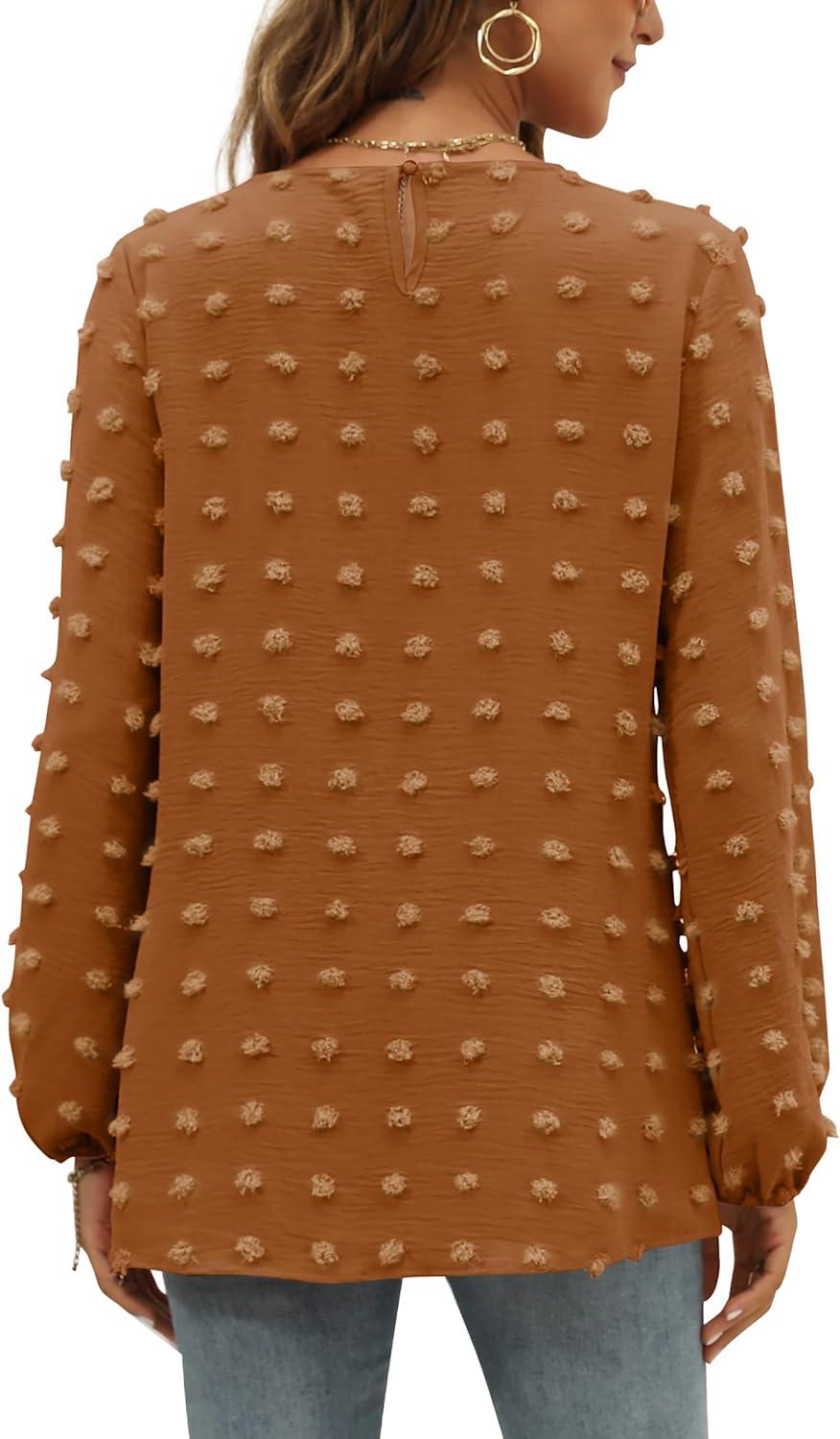 imageXIEERDUO Womens Chiffon Blouses Long Sleeve Crewneck Tops Dressy Casual Loose Pompom Shirts01caramel