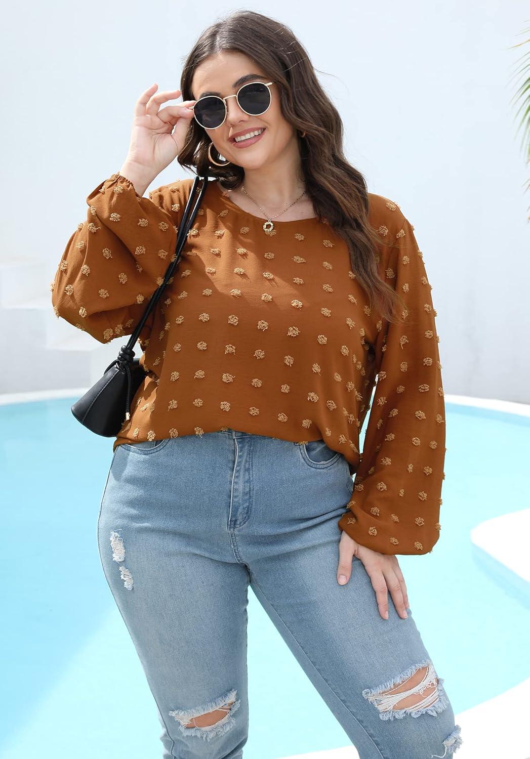 imageXIEERDUO Womens Chiffon Blouses Long Sleeve Crewneck Tops Dressy Casual Loose Pompom Shirts01caramel