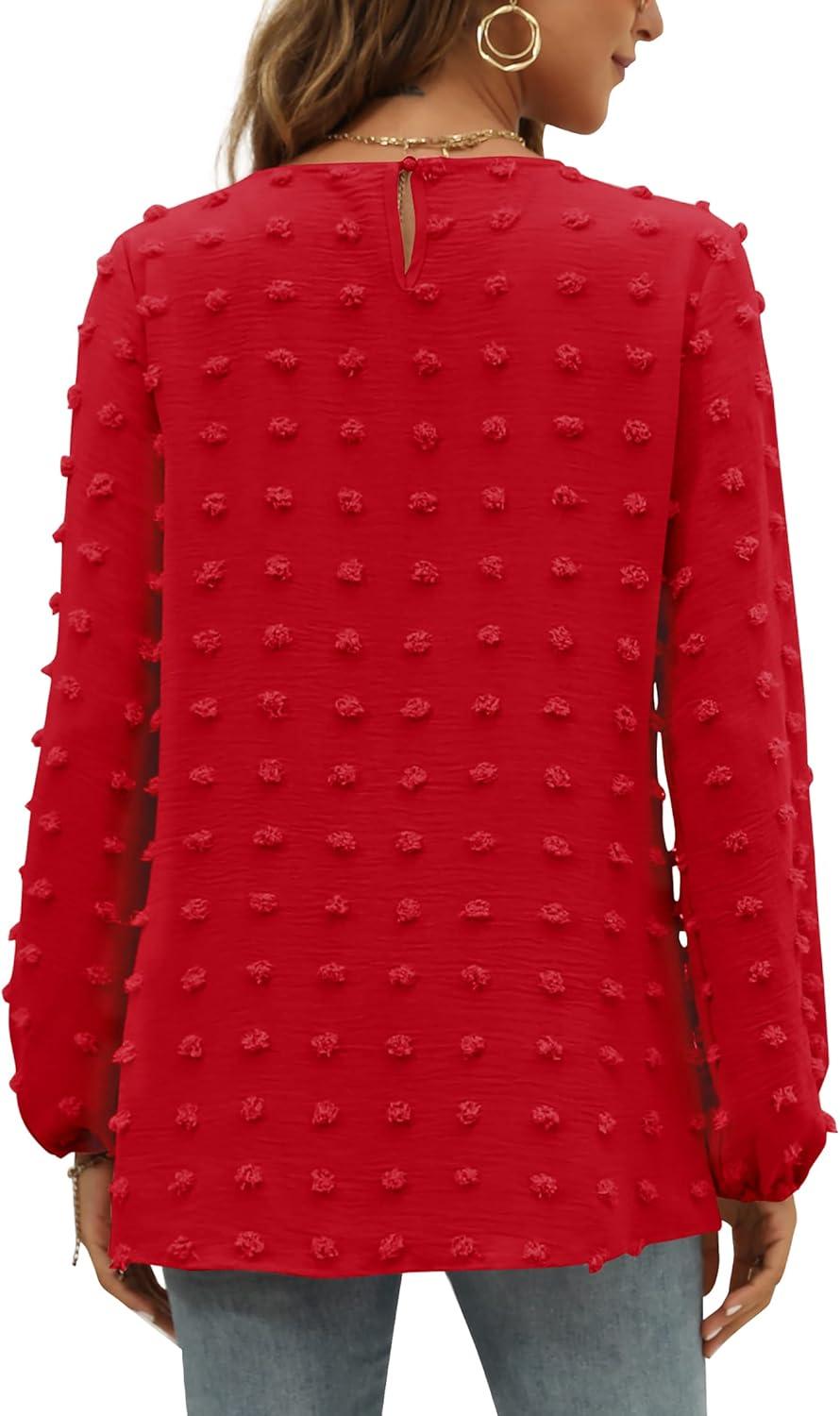 imageXIEERDUO Womens Chiffon Blouses Long Sleeve Crewneck Tops Dressy Casual Loose Pompom Shirts01red
