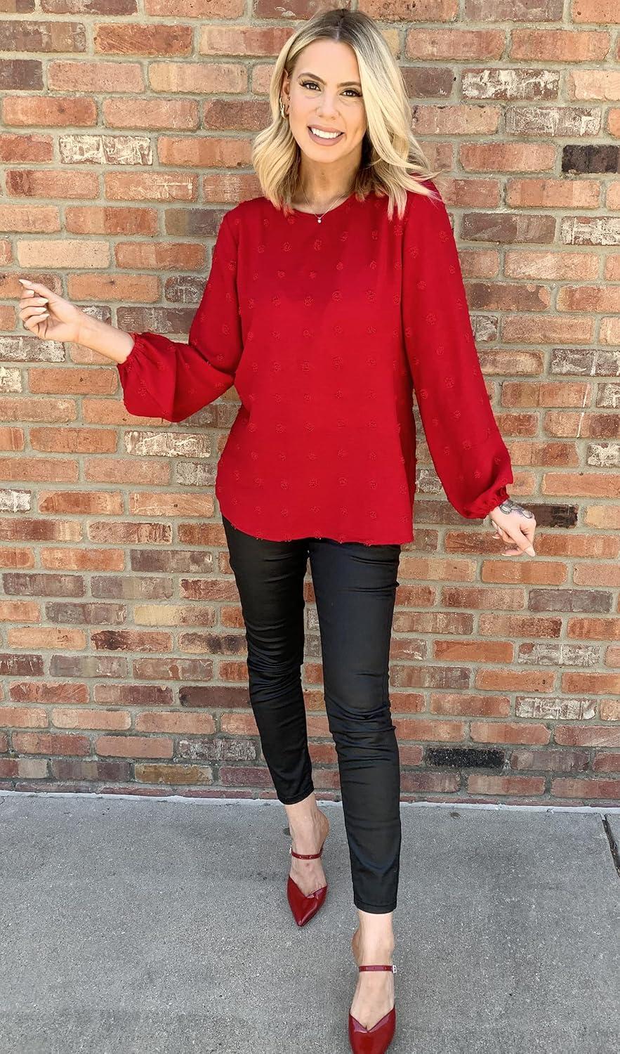 imageXIEERDUO Womens Chiffon Blouses Long Sleeve Crewneck Tops Dressy Casual Loose Pompom Shirts01red