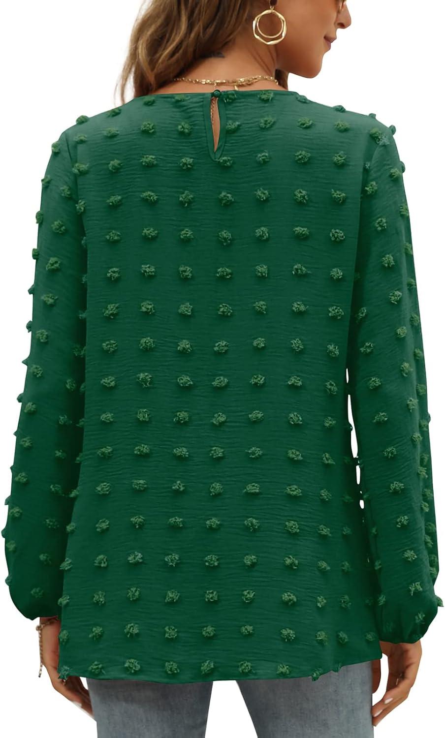 imageXIEERDUO Womens Chiffon Blouses Long Sleeve Crewneck Tops Dressy Casual Loose Pompom Shirts02agreen