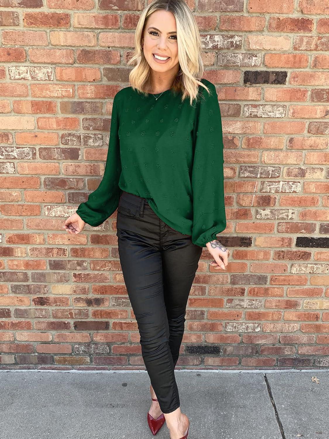 imageXIEERDUO Womens Chiffon Blouses Long Sleeve Crewneck Tops Dressy Casual Loose Pompom Shirts02agreen