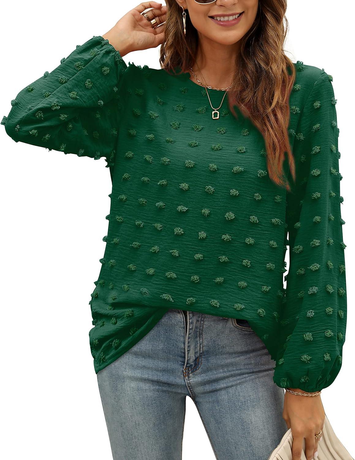 imageXIEERDUO Womens Chiffon Blouses Long Sleeve Crewneck Tops Dressy Casual Loose Pompom Shirts02agreen