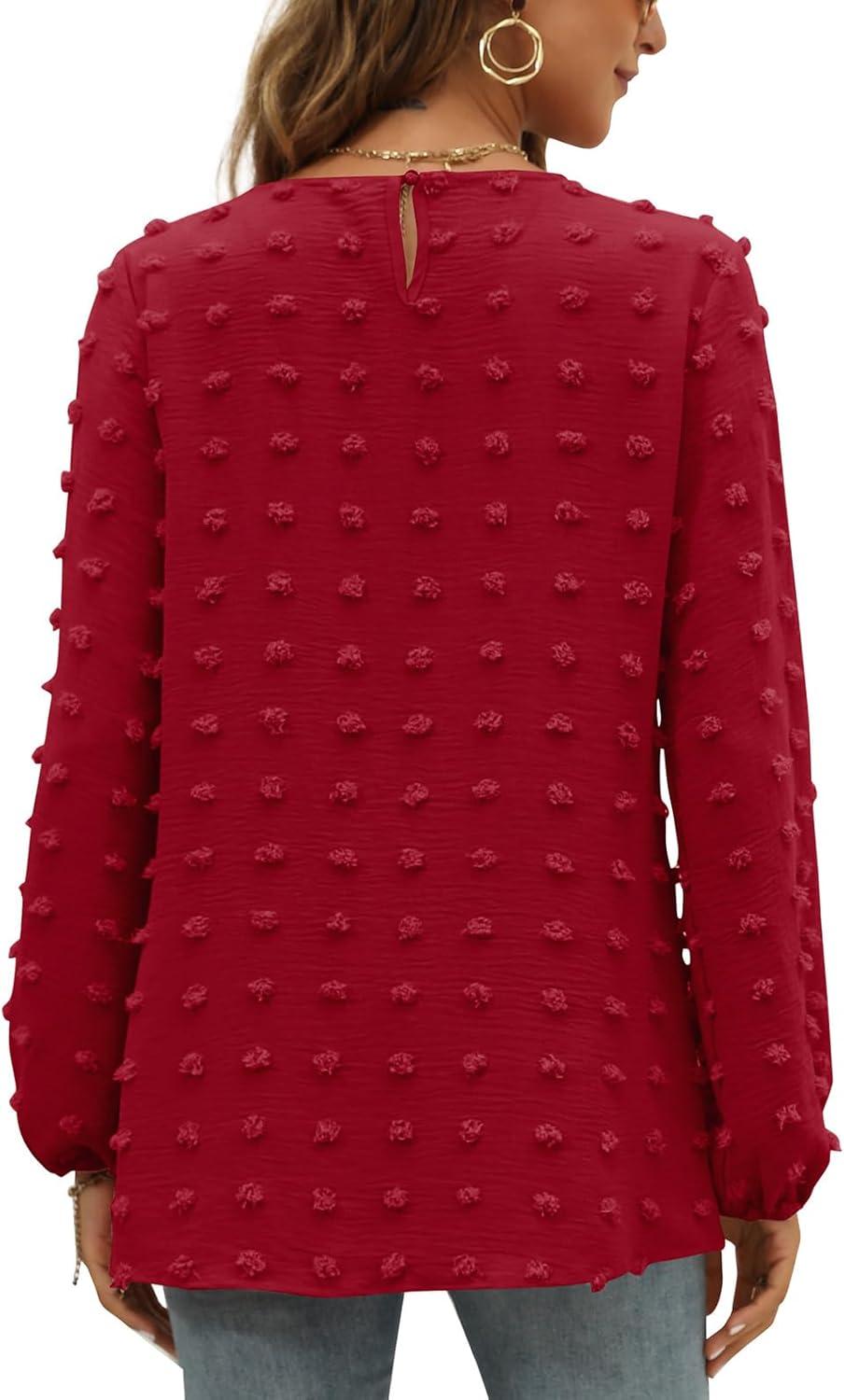imageXIEERDUO Womens Chiffon Blouses Long Sleeve Crewneck Tops Dressy Casual Loose Pompom Shirts02bburgundy