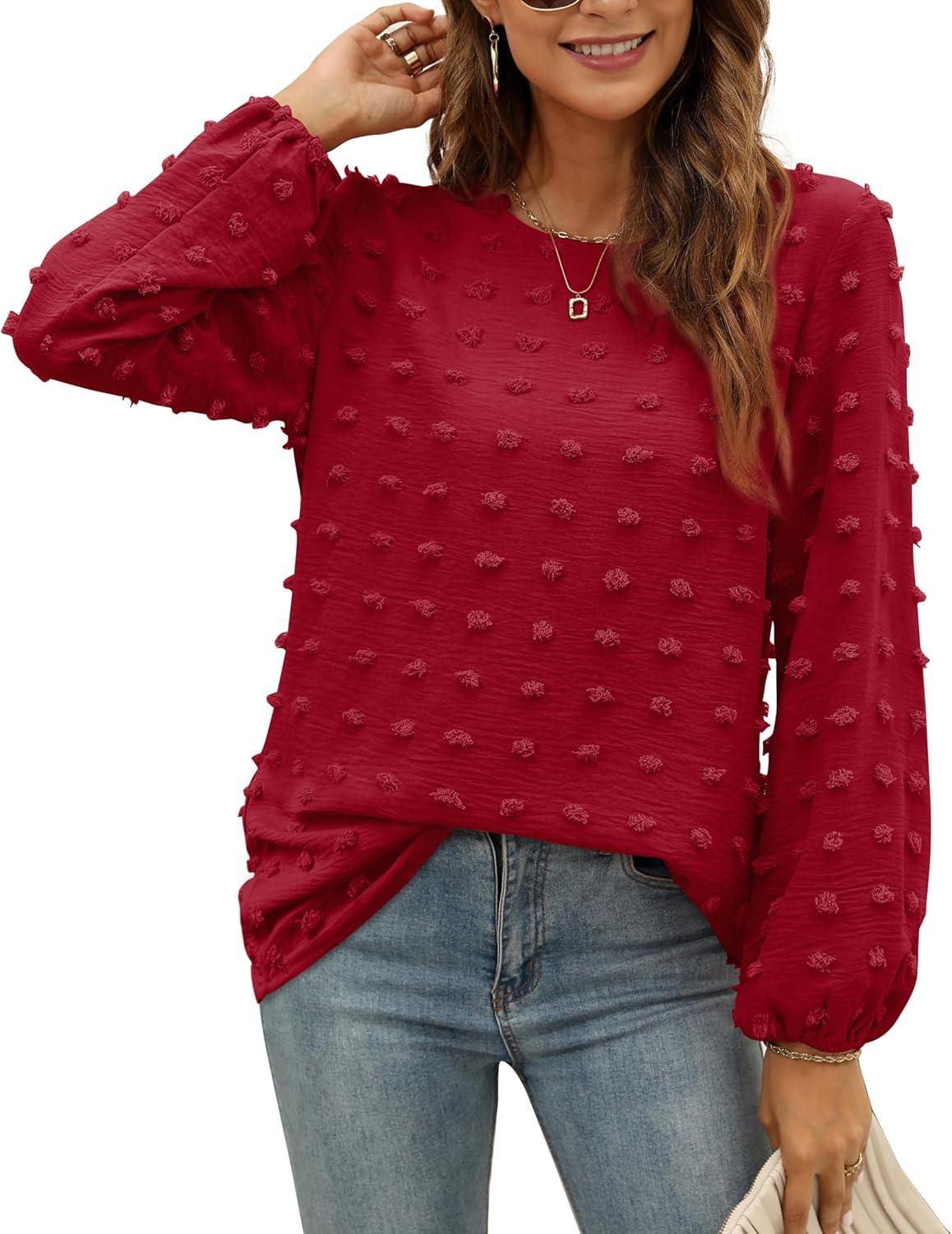 imageXIEERDUO Womens Chiffon Blouses Long Sleeve Crewneck Tops Dressy Casual Loose Pompom Shirts02bburgundy