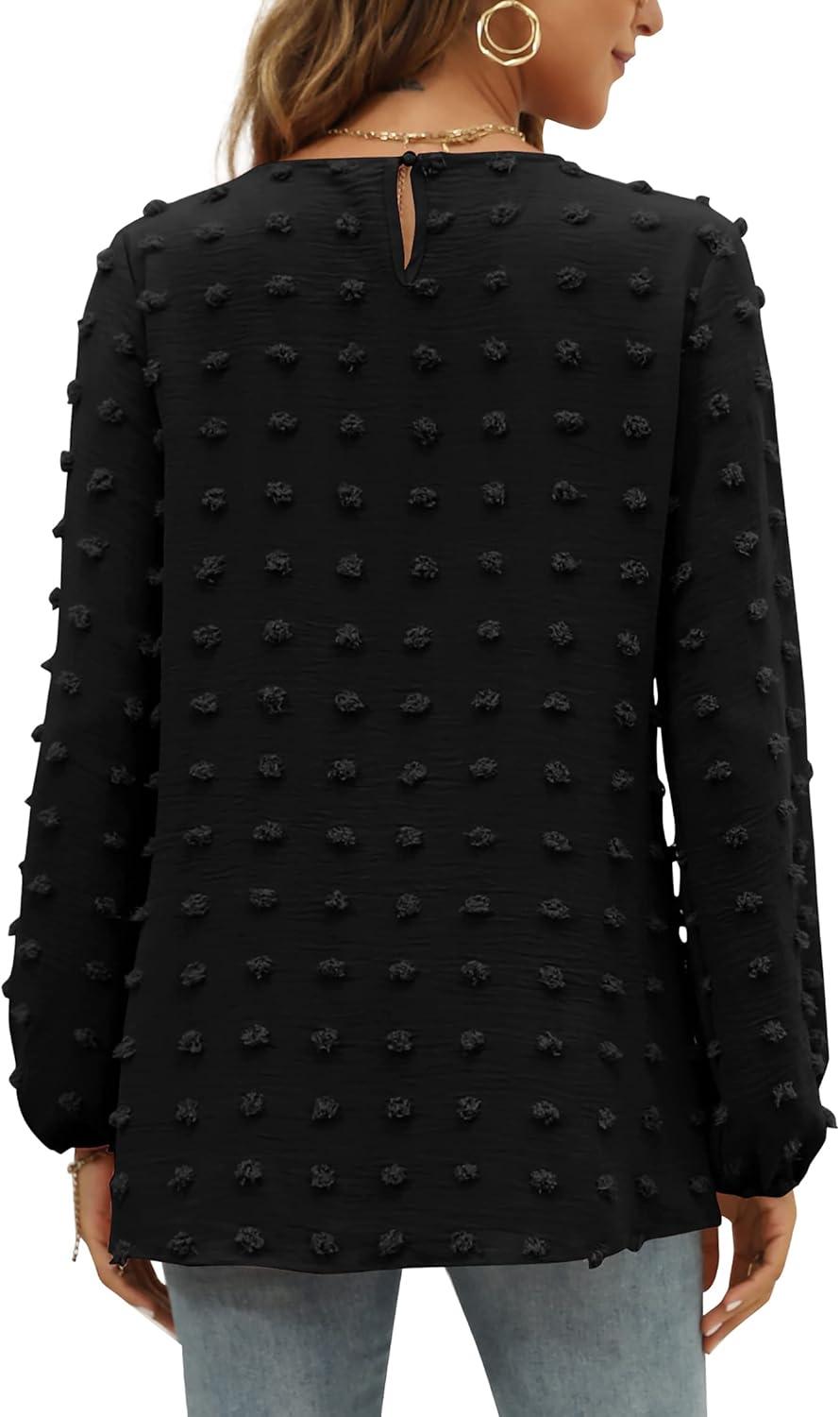 imageXIEERDUO Womens Chiffon Blouses Long Sleeve Crewneck Tops Dressy Casual Loose Pompom Shirts02black