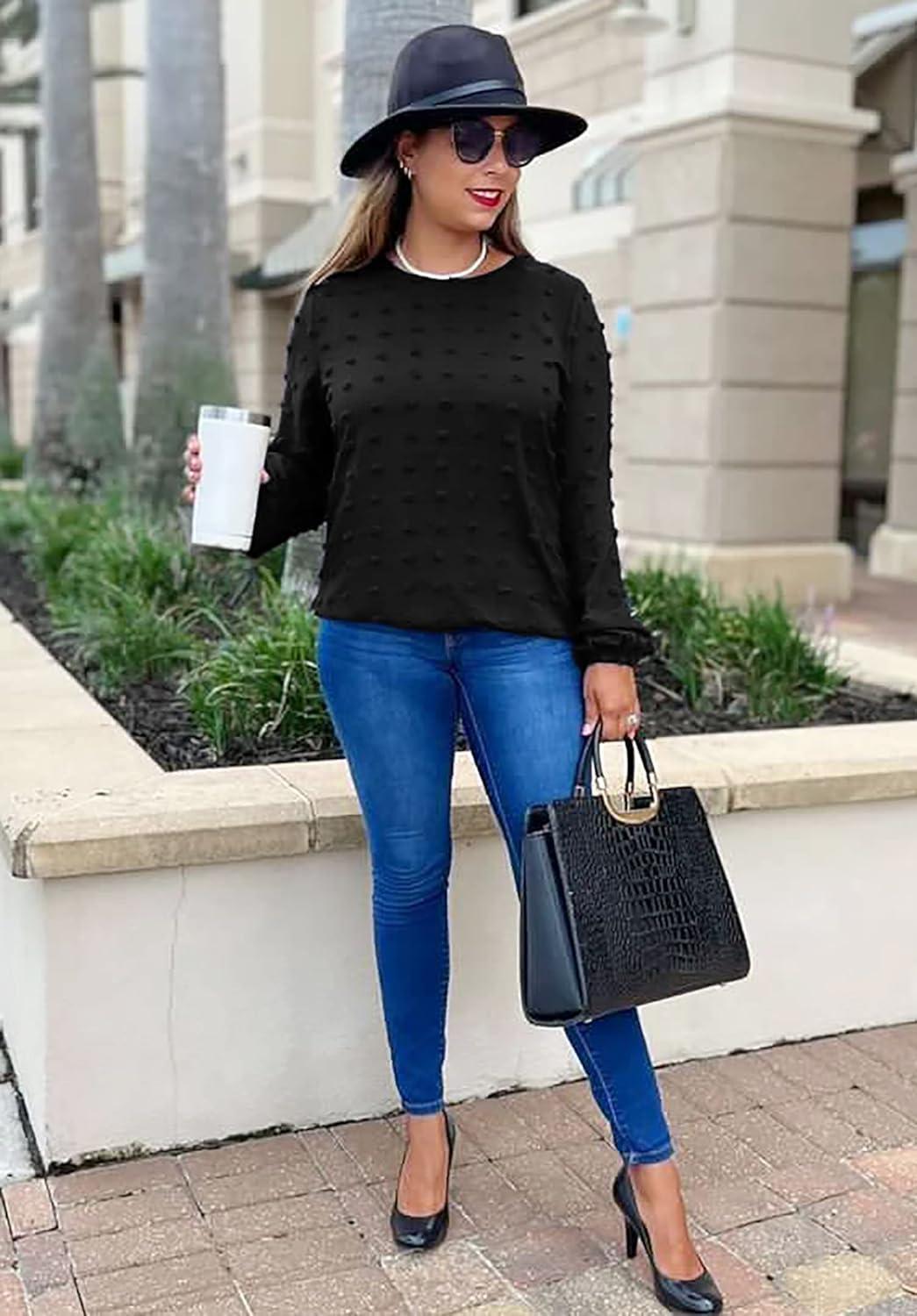 imageXIEERDUO Womens Chiffon Blouses Long Sleeve Crewneck Tops Dressy Casual Loose Pompom Shirts02black