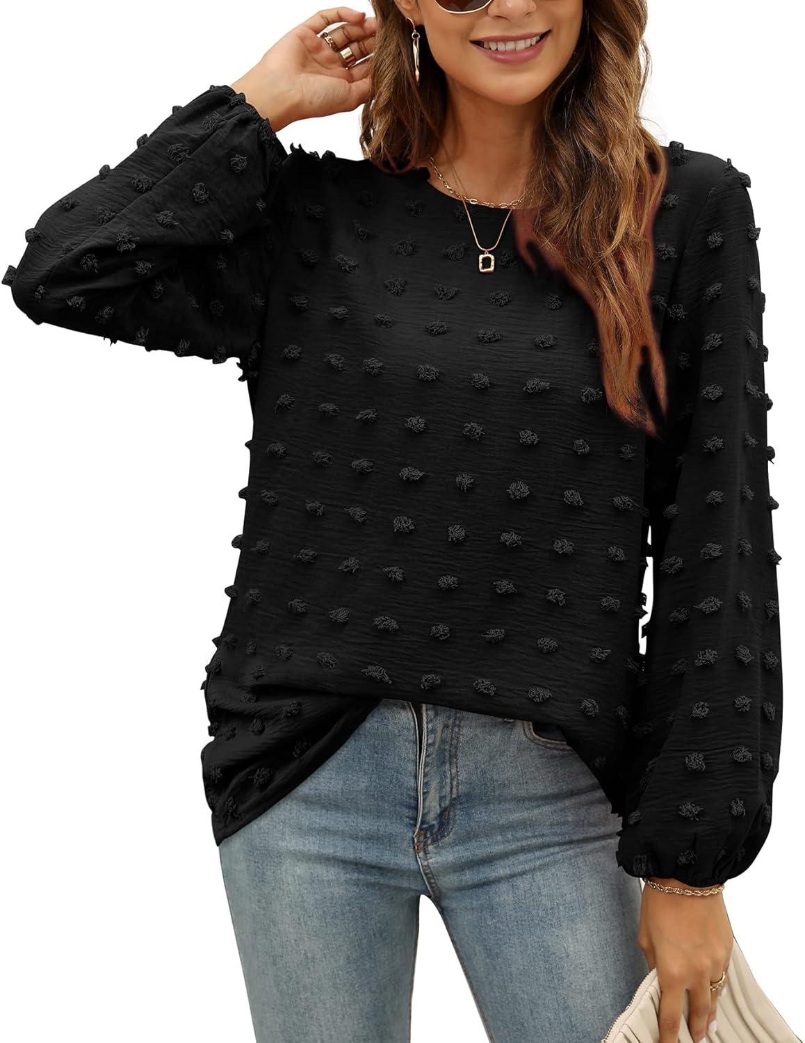 imageXIEERDUO Womens Chiffon Blouses Long Sleeve Crewneck Tops Dressy Casual Loose Pompom Shirts02black