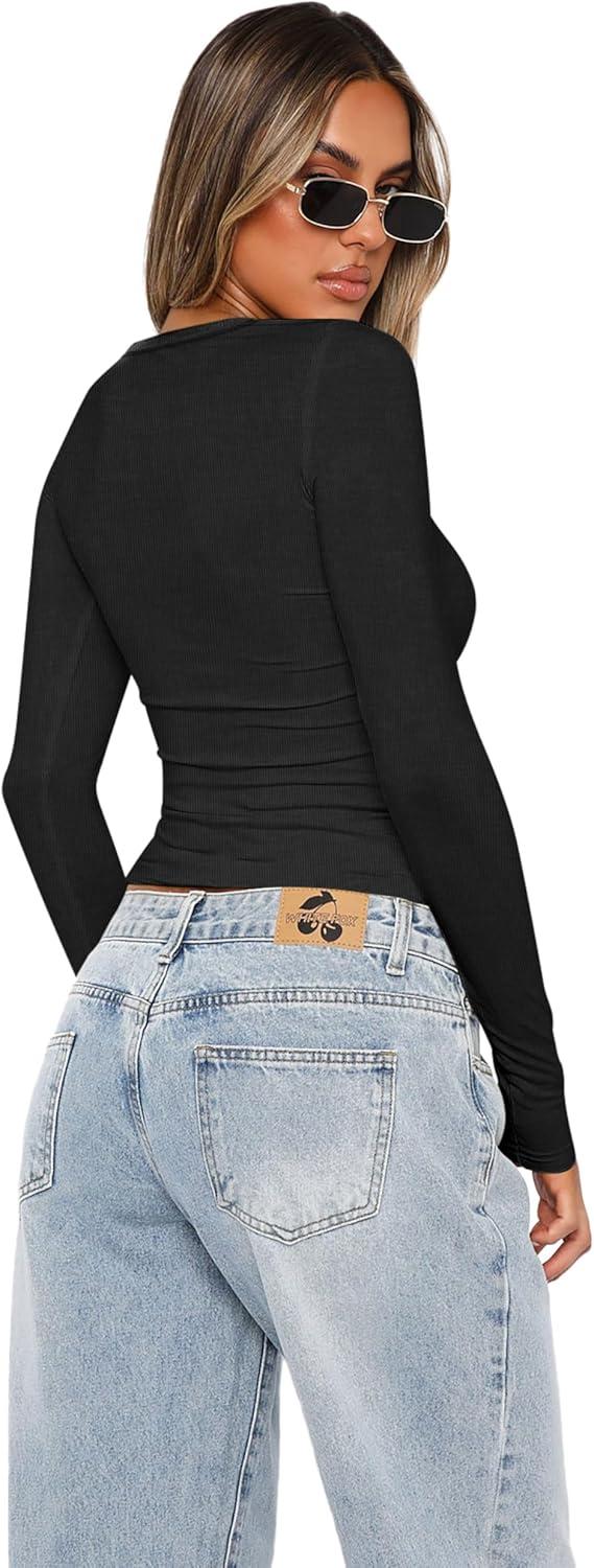 imageXIEERDUO Womens Long Sleeve Crew Neck Slim Fit T Shirts 2024 Y2k Clothes Basic Going Out Tops 3 Pack2 PackLong Sleeve 3 Pack Black White Blue