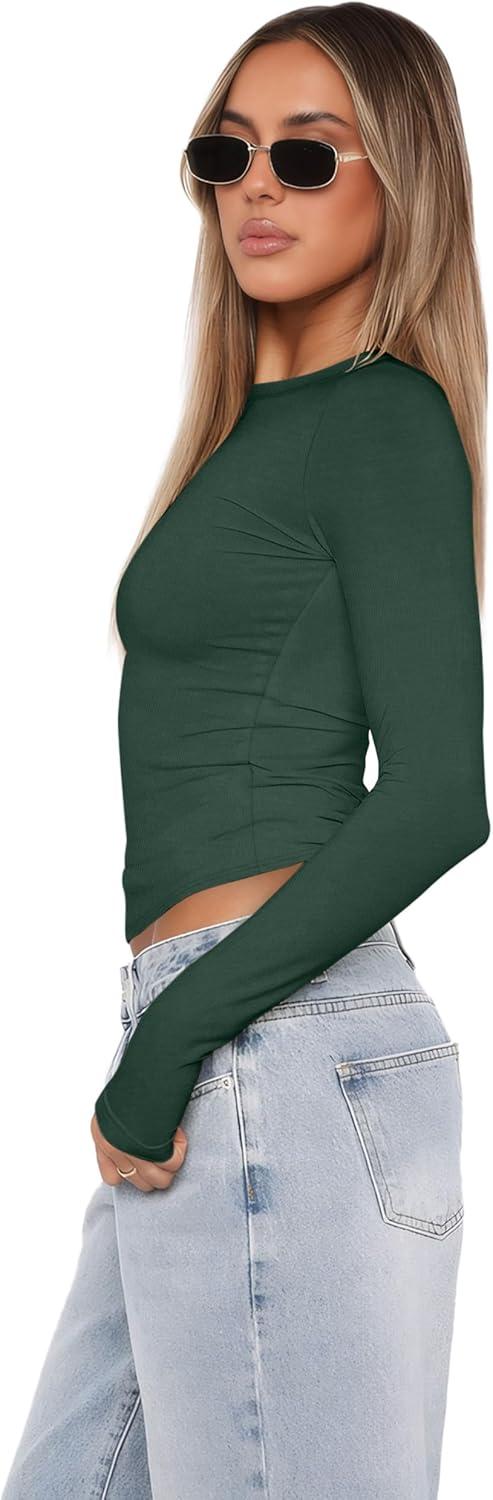 imageXIEERDUO Womens Long Sleeve Crew Neck Slim Fit T Shirts 2024 Y2k Clothes Basic Going Out Tops 3 Pack2 PackLong Sleeve 3 Pack Darkgreen Royalblue Red