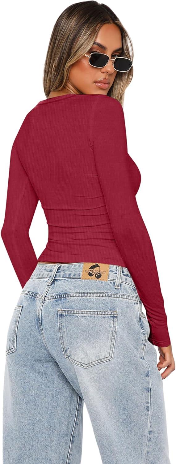 imageXIEERDUO Womens Long Sleeve Crew Neck Slim Fit T Shirts 2024 Y2k Clothes Basic Going Out Tops 3 Pack2 PackLong Sleeve 3 Pack Darkgreen Royalblue Red