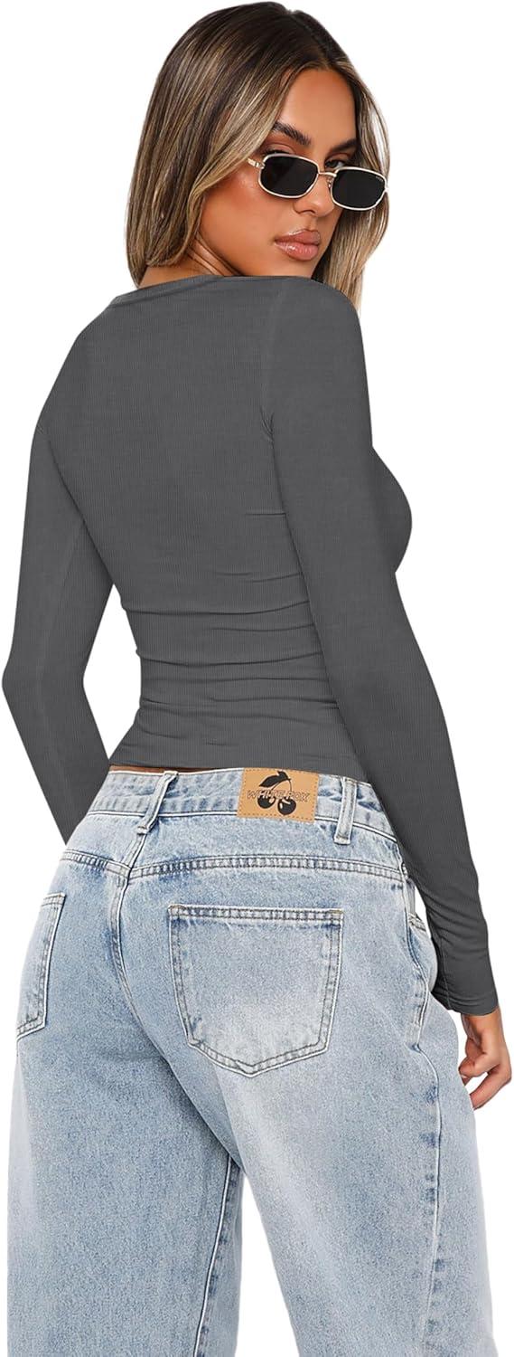 imageXIEERDUO Womens Long Sleeve Crew Neck Slim Fit T Shirts 2024 Y2k Clothes Basic Going Out Tops 3 Pack2 PackLong Sleeve 3 Pack Grey Blue Brown