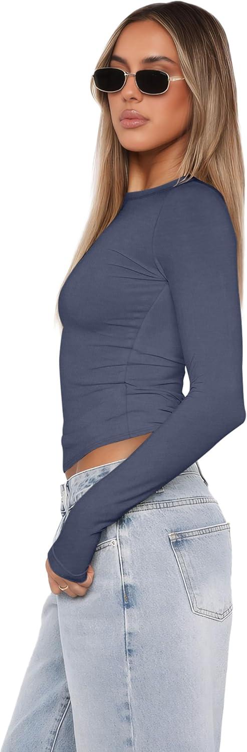 imageXIEERDUO Womens Long Sleeve Crew Neck Slim Fit T Shirts 2024 Y2k Clothes Basic Going Out Tops 3 Pack2 PackLong Sleeve 3 Pack Grey Blue Brown