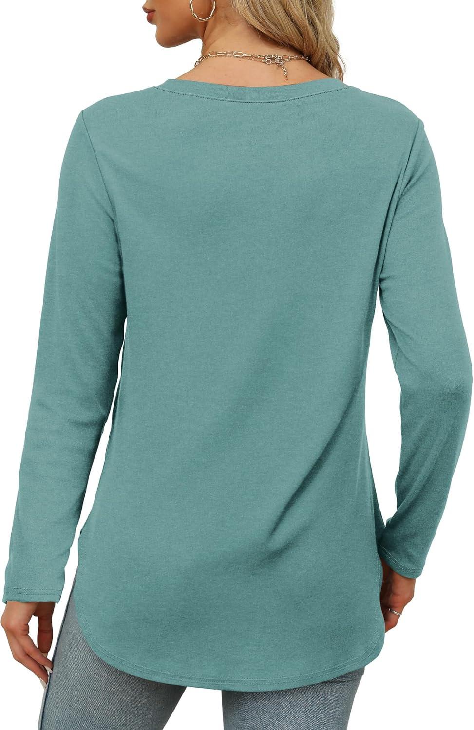 imageXIEERDUO Womens Long Sleeve Round Neck Shirts Side Split Basic Loose Tunic Tops Casual 2025Blue Green
