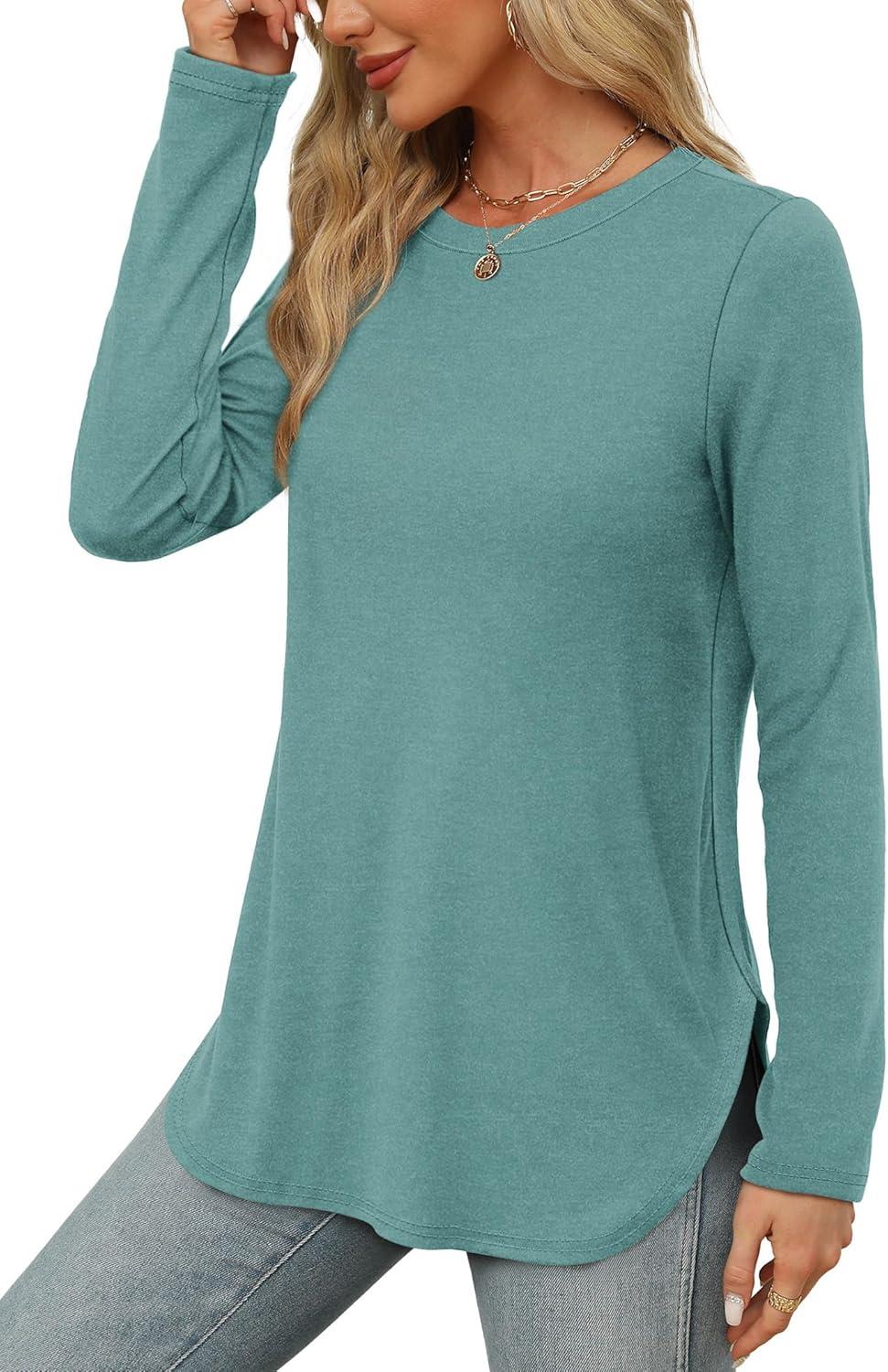 imageXIEERDUO Womens Long Sleeve Round Neck Shirts Side Split Basic Loose Tunic Tops Casual 2025Blue Green