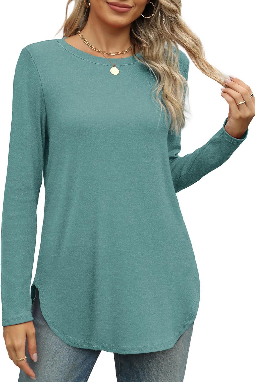 imageXIEERDUO Womens Long Sleeve Round Neck Shirts Side Split Basic Loose Tunic Tops Casual 2025Blue Green