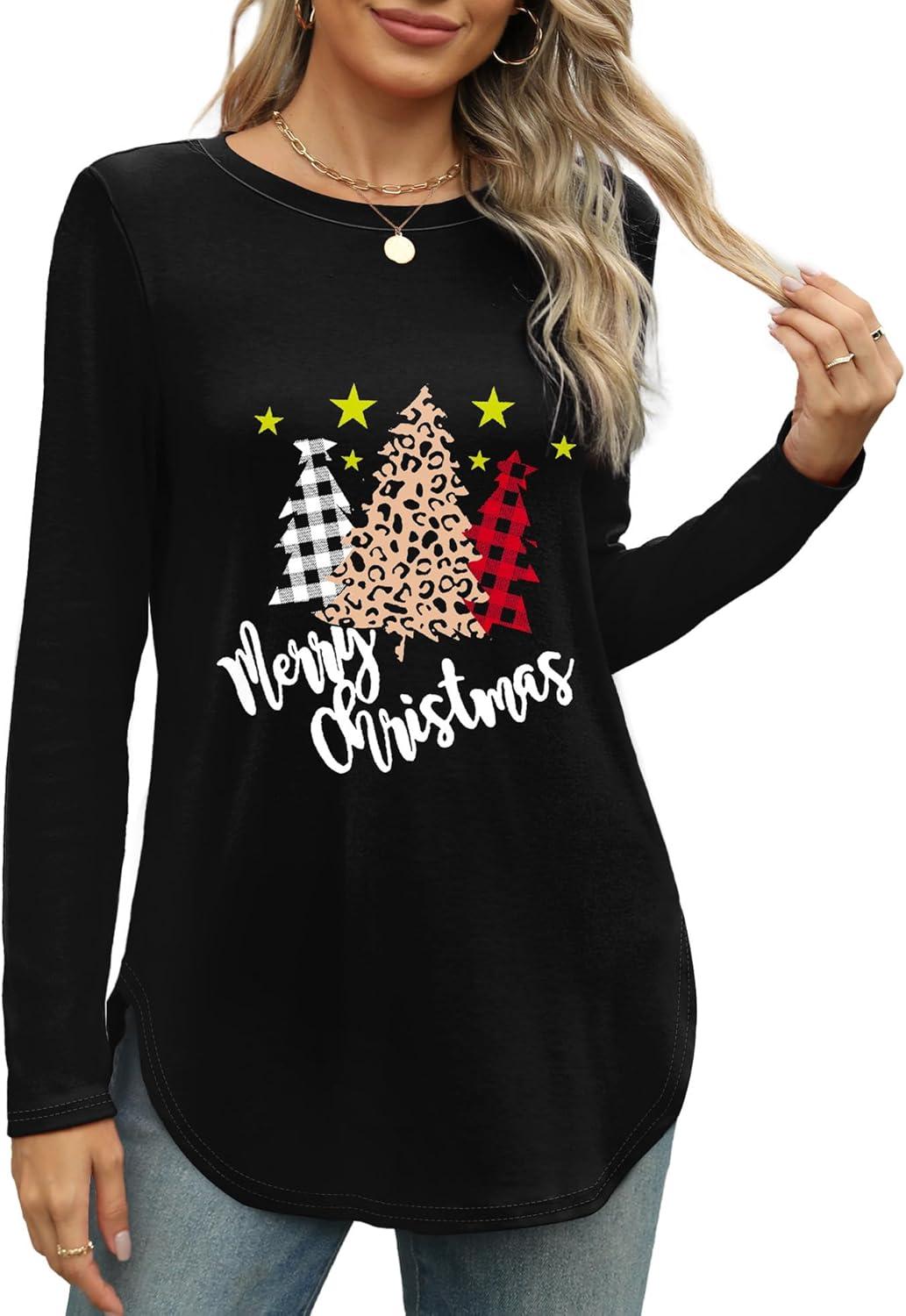 imageXIEERDUO Womens Long Sleeve Round Neck Shirts Side Split Basic Loose Tunic Tops Casual 2025Christmas Tree