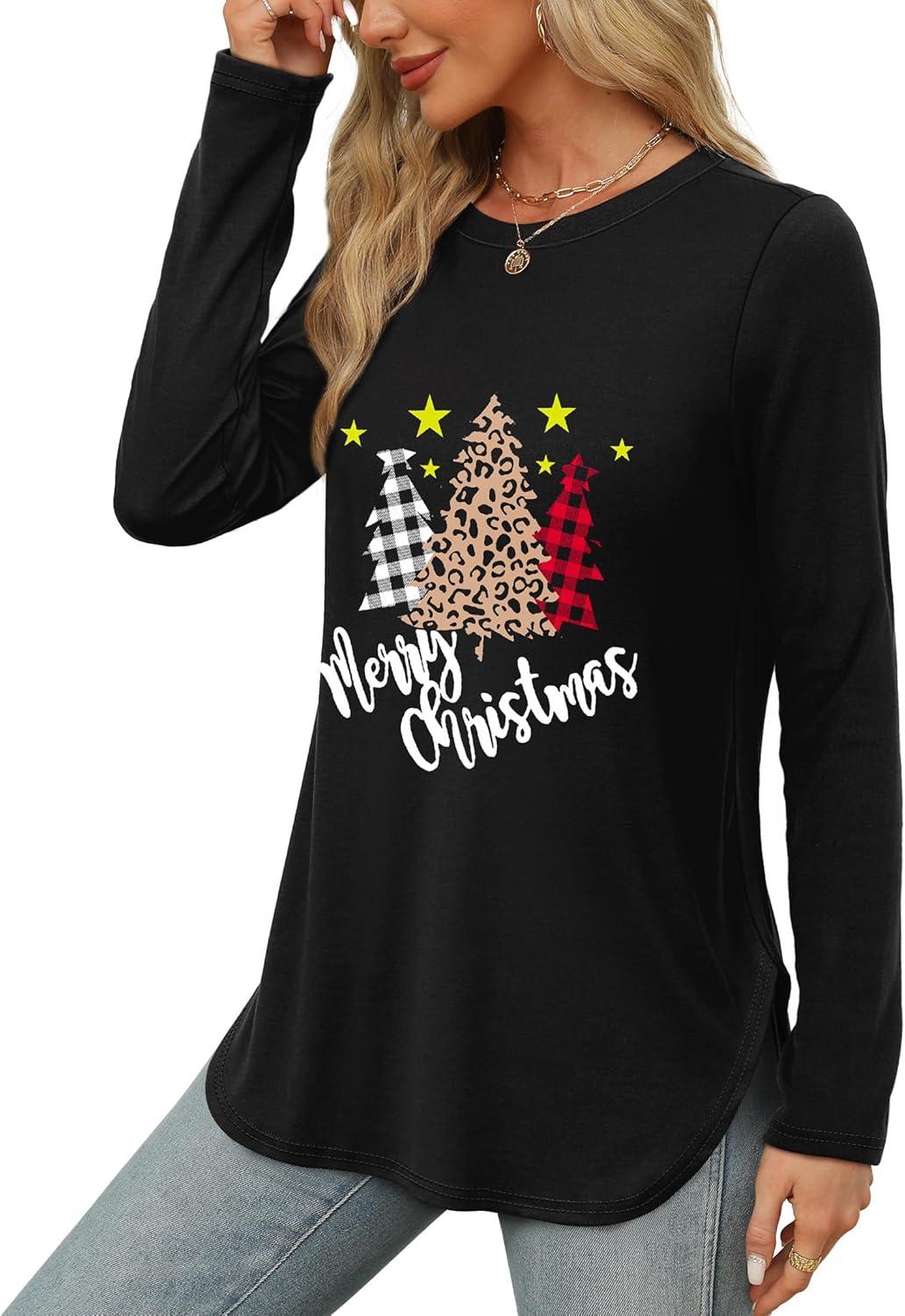 imageXIEERDUO Womens Long Sleeve Round Neck Shirts Side Split Basic Loose Tunic Tops Casual 2025Christmas Tree