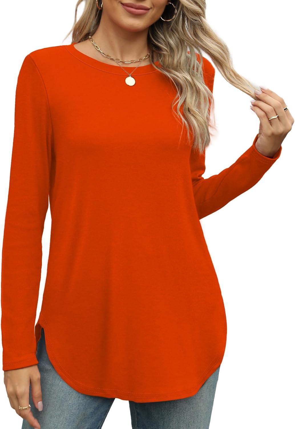 imageXIEERDUO Womens Long Sleeve Round Neck Shirts Side Split Basic Loose Tunic Tops Casual 2025Halloween Orange