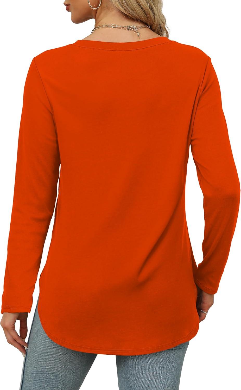 imageXIEERDUO Womens Long Sleeve Round Neck Shirts Side Split Basic Loose Tunic Tops Casual 2025Halloween Orange