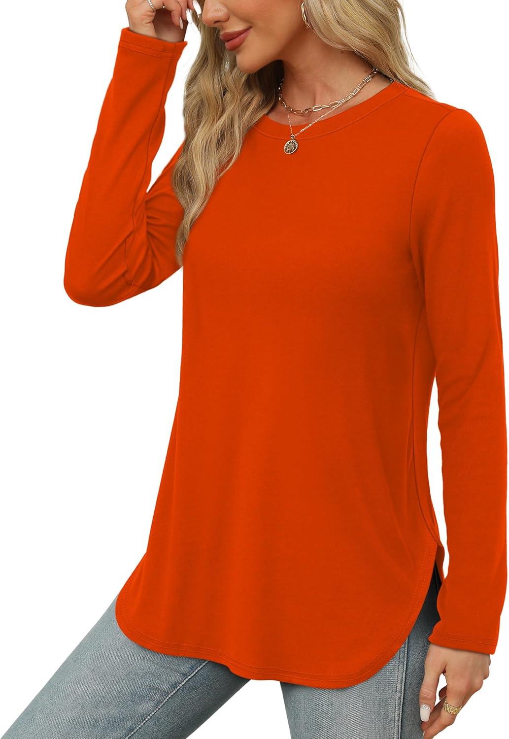 imageXIEERDUO Womens Long Sleeve Round Neck Shirts Side Split Basic Loose Tunic Tops Casual 2025Halloween Orange
