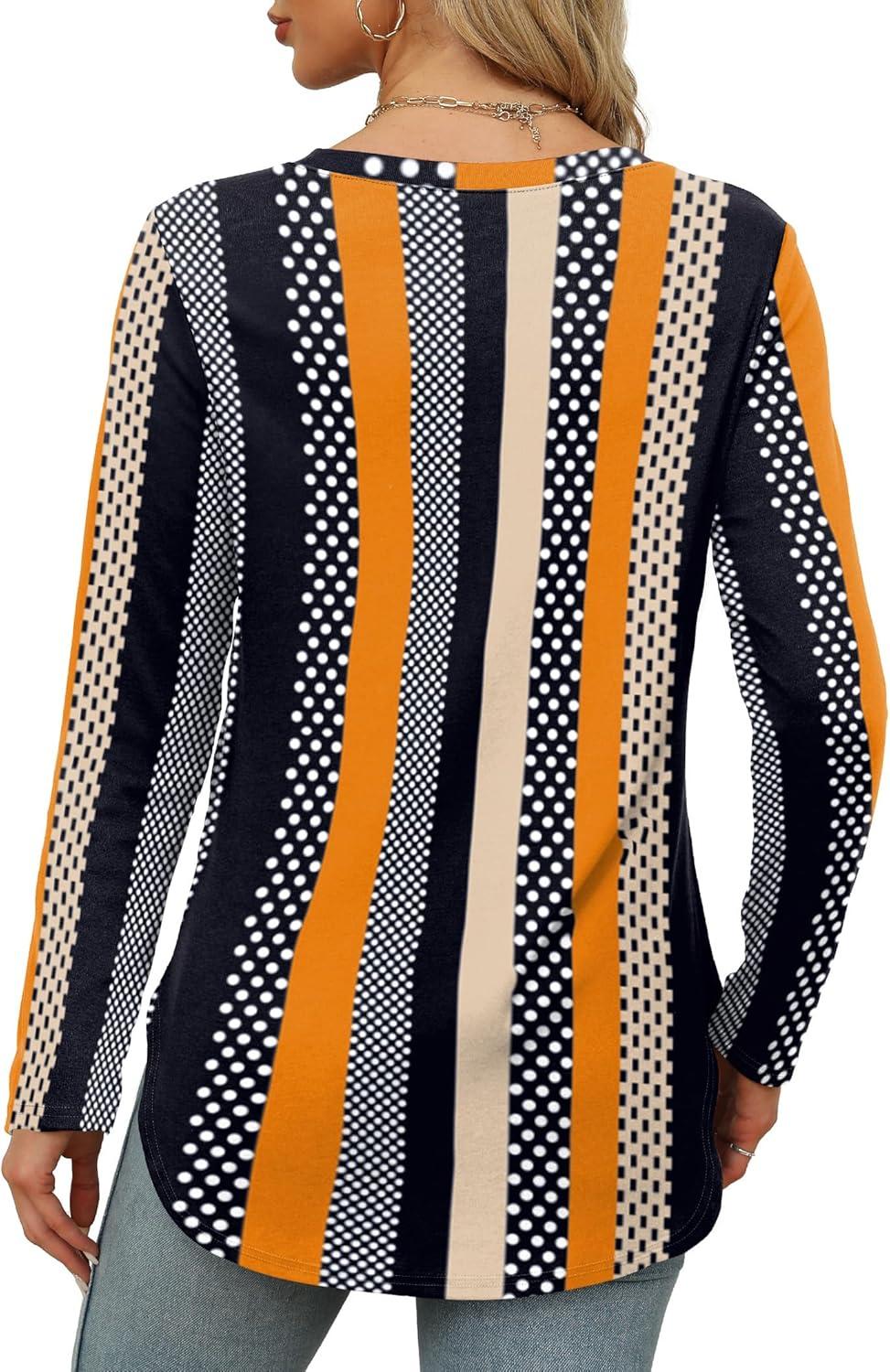 imageXIEERDUO Womens Long Sleeve Round Neck Shirts Side Split Basic Loose Tunic Tops Casual 2025Patternedkhaki Stripe