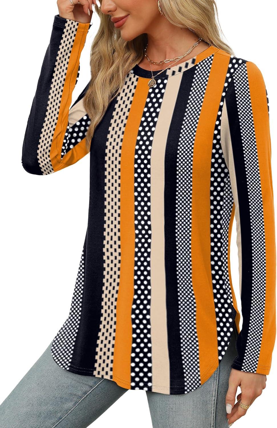 imageXIEERDUO Womens Long Sleeve Round Neck Shirts Side Split Basic Loose Tunic Tops Casual 2025Patternedkhaki Stripe