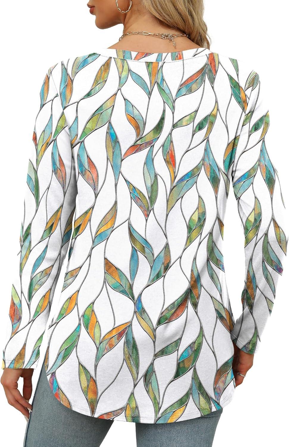 imageXIEERDUO Womens Long Sleeve Round Neck Shirts Side Split Basic Loose Tunic Tops Casual 2025Patternedwhite Print