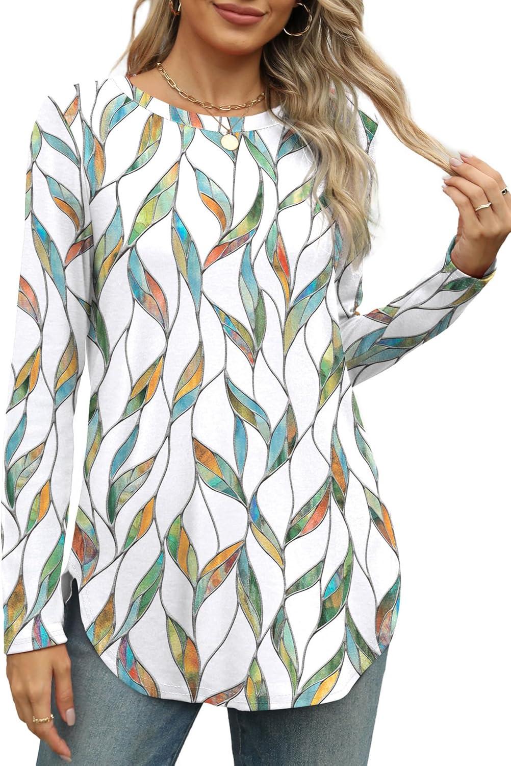 imageXIEERDUO Womens Long Sleeve Round Neck Shirts Side Split Basic Loose Tunic Tops Casual 2025Patternedwhite Print