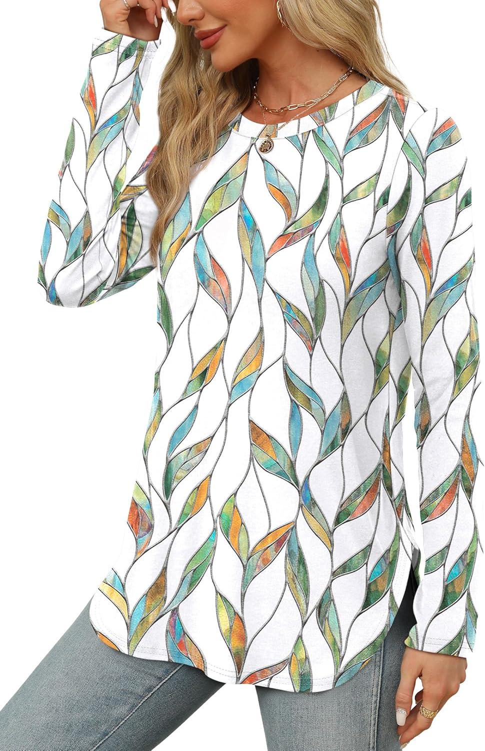 imageXIEERDUO Womens Long Sleeve Round Neck Shirts Side Split Basic Loose Tunic Tops Casual 2025Patternedwhite Print