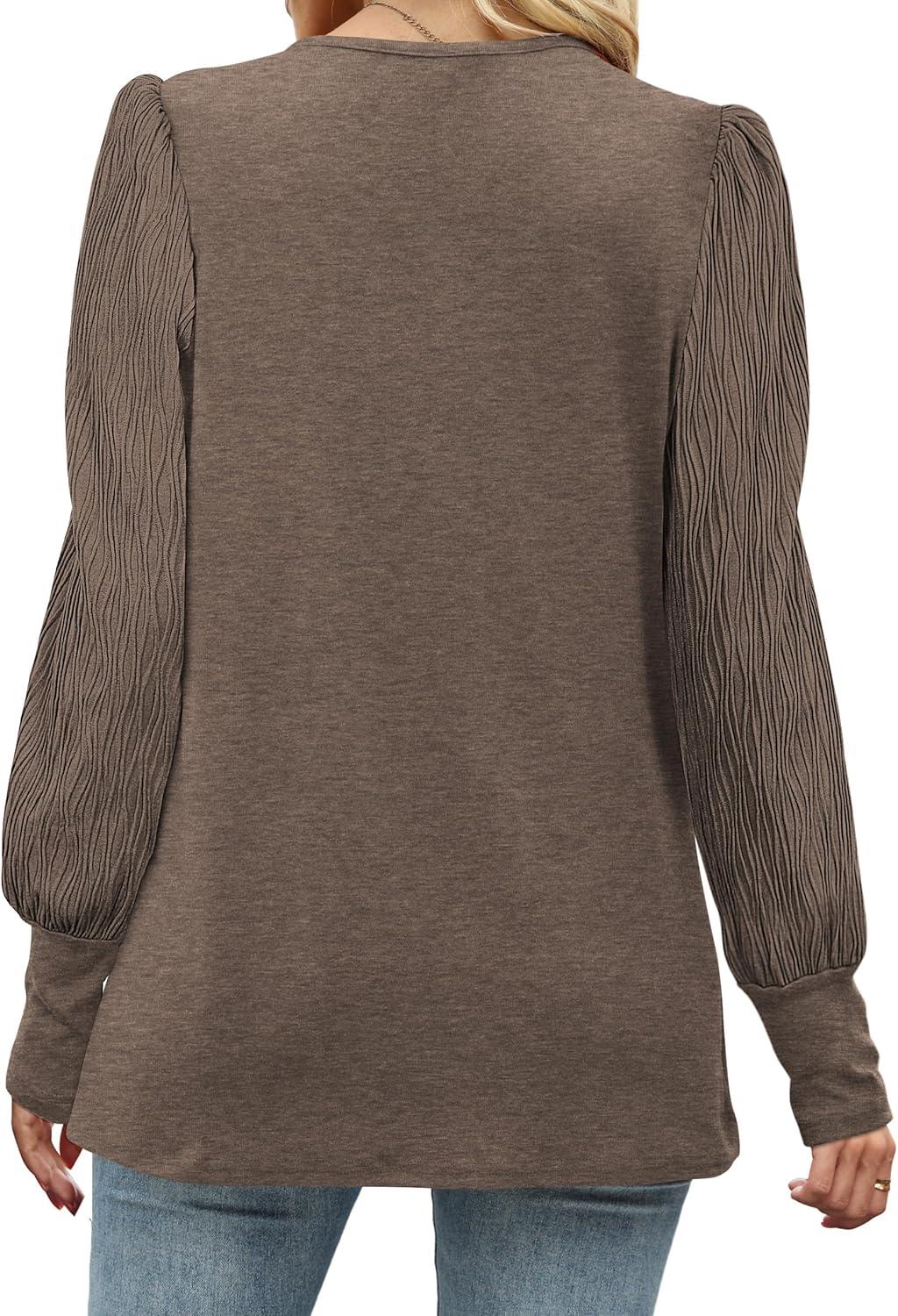imageXIEERDUO Womens Long Sleeve Shirts Pleated Crew Neck Puff Sleeve Tunic TopsCoffee