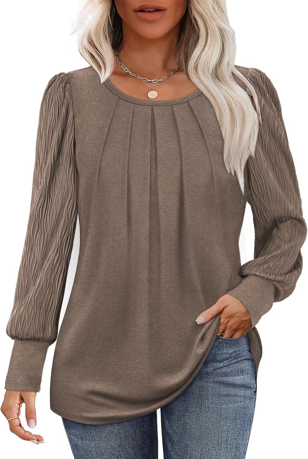 imageXIEERDUO Womens Long Sleeve Shirts Pleated Crew Neck Puff Sleeve Tunic TopsCoffee