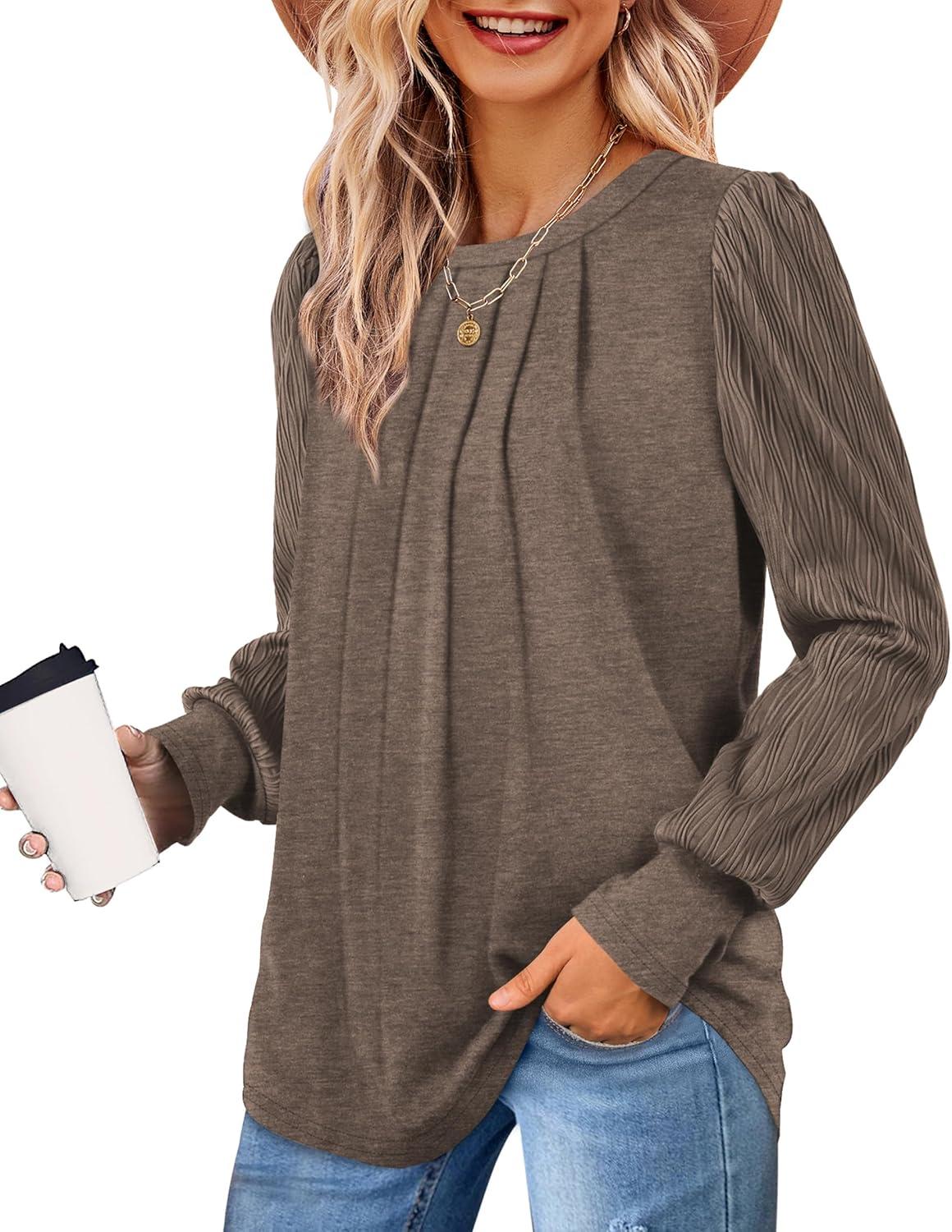 imageXIEERDUO Womens Long Sleeve Shirts Pleated Crew Neck Puff Sleeve Tunic TopsCoffee