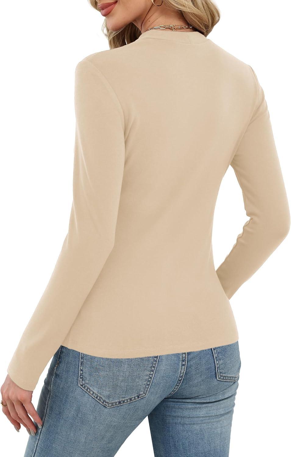 imageXIEERDUO Womens Long Sleeve Thermal Shirt Fleece Mock Neck Tops 2025 Fashion Slim FitBeige