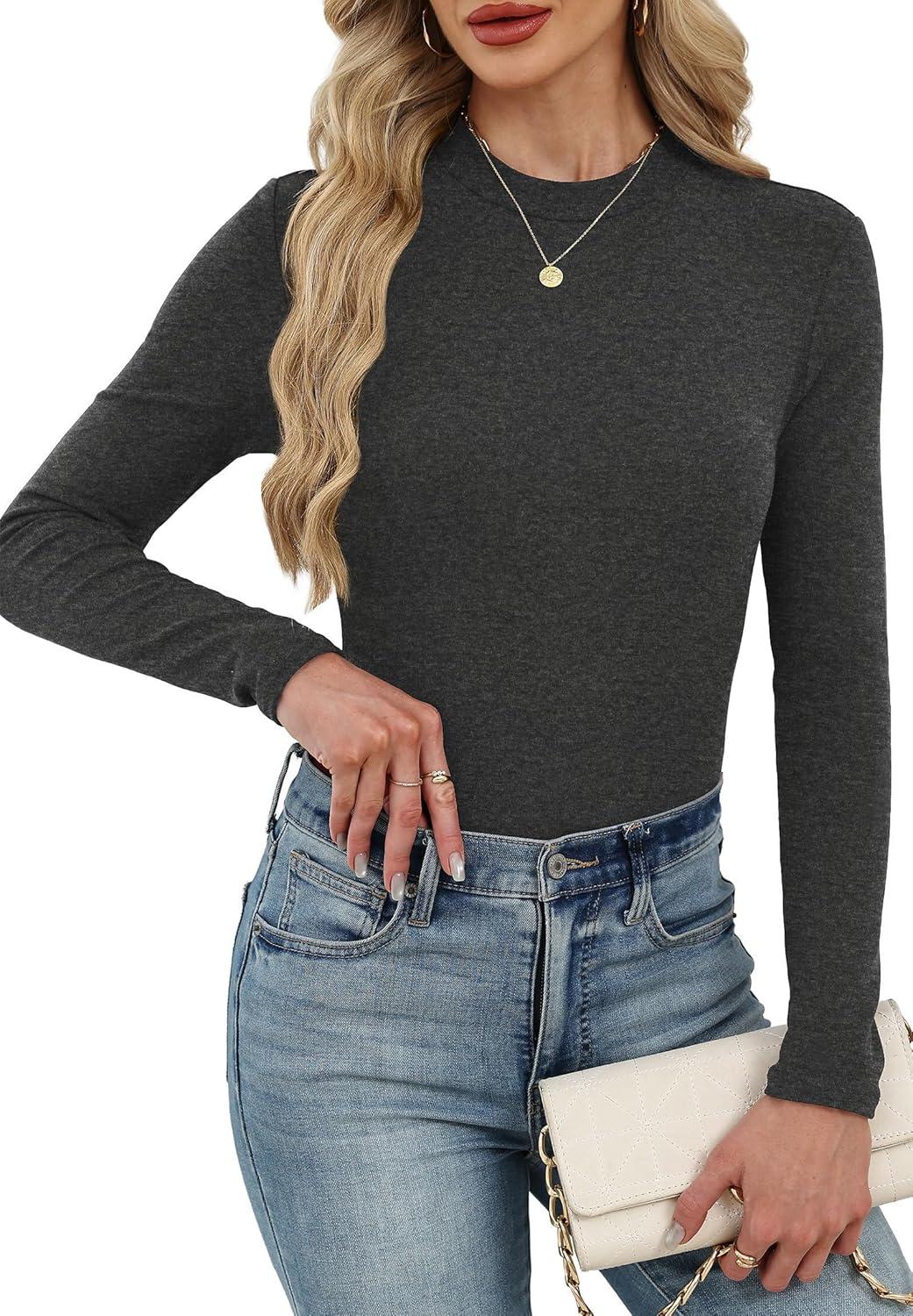 imageXIEERDUO Womens Long Sleeve Thermal Shirt Fleece Mock Neck Tops 2025 Fashion Slim FitGrey