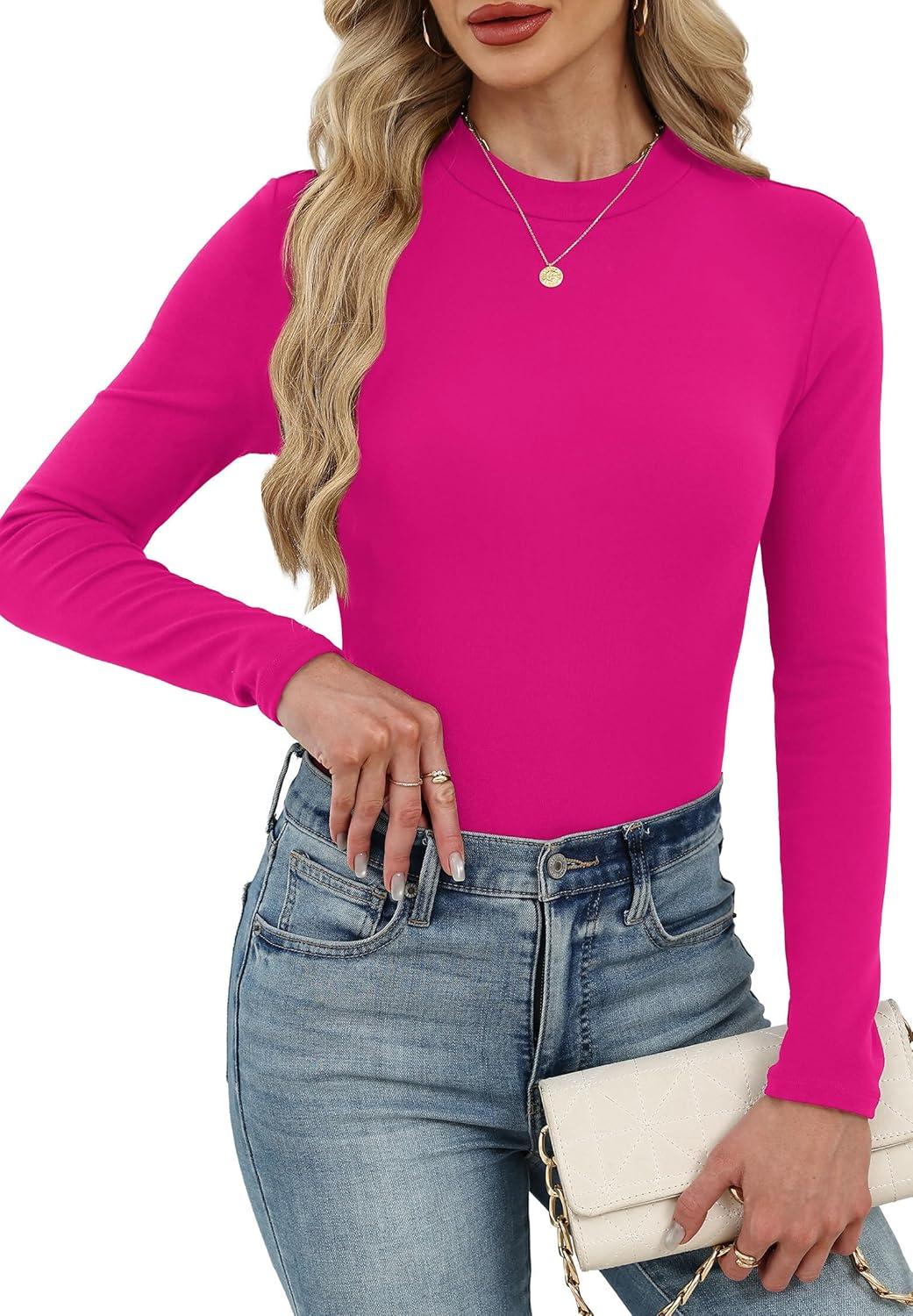 imageXIEERDUO Womens Long Sleeve Thermal Shirt Fleece Mock Neck Tops 2025 Fashion Slim FitHot Pink