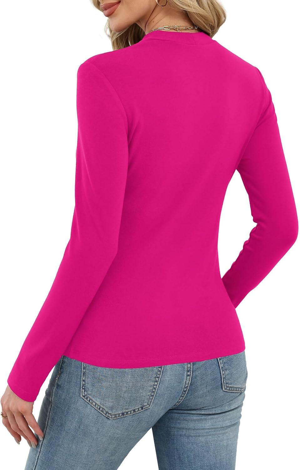 imageXIEERDUO Womens Long Sleeve Thermal Shirt Fleece Mock Neck Tops 2025 Fashion Slim FitHot Pink