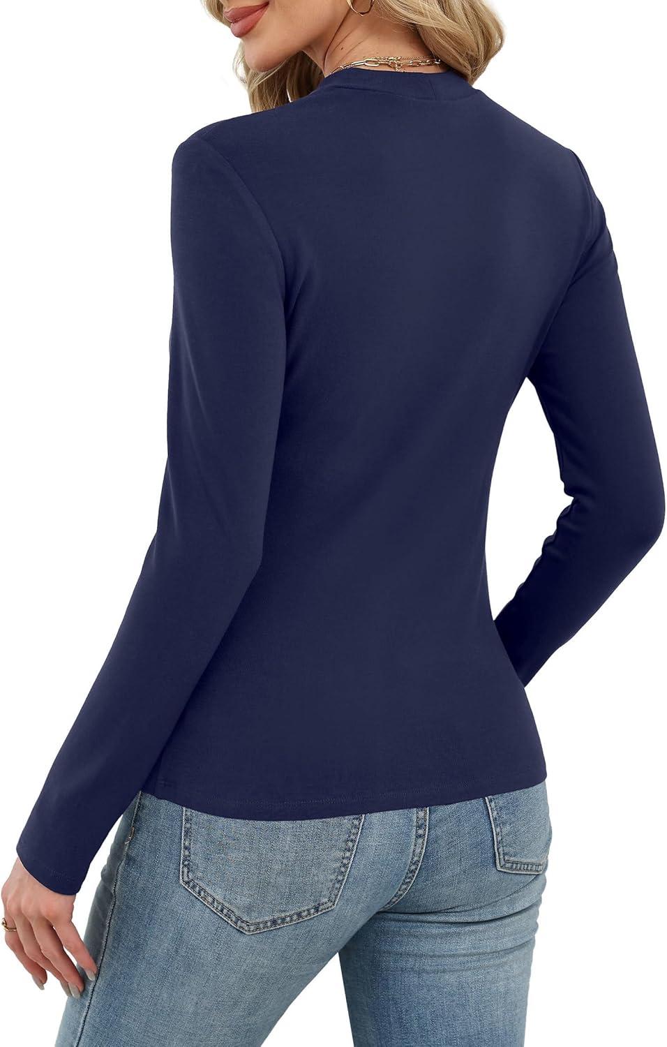 imageXIEERDUO Womens Long Sleeve Thermal Shirt Fleece Mock Neck Tops 2025 Fashion Slim FitNavy Blue