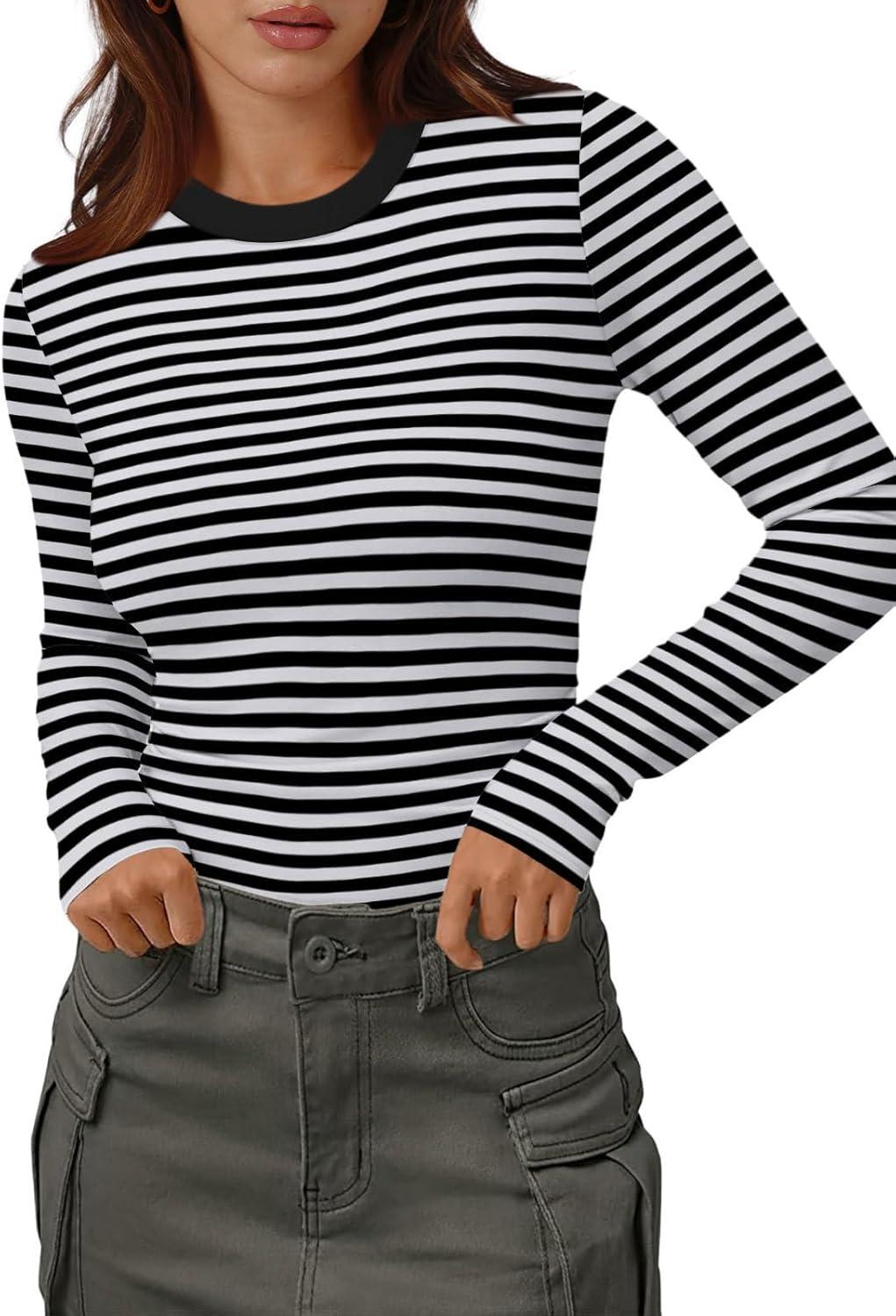 imageXIEERDUO Womens Long Sleeve Thermal Shirt Fleece Mock Neck Tops 2025 Fashion Slim FitStripe Black