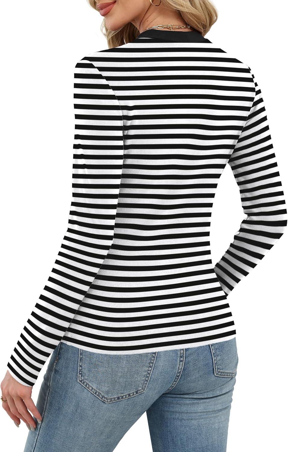 imageXIEERDUO Womens Long Sleeve Thermal Shirt Fleece Mock Neck Tops 2025 Fashion Slim FitStripe Black