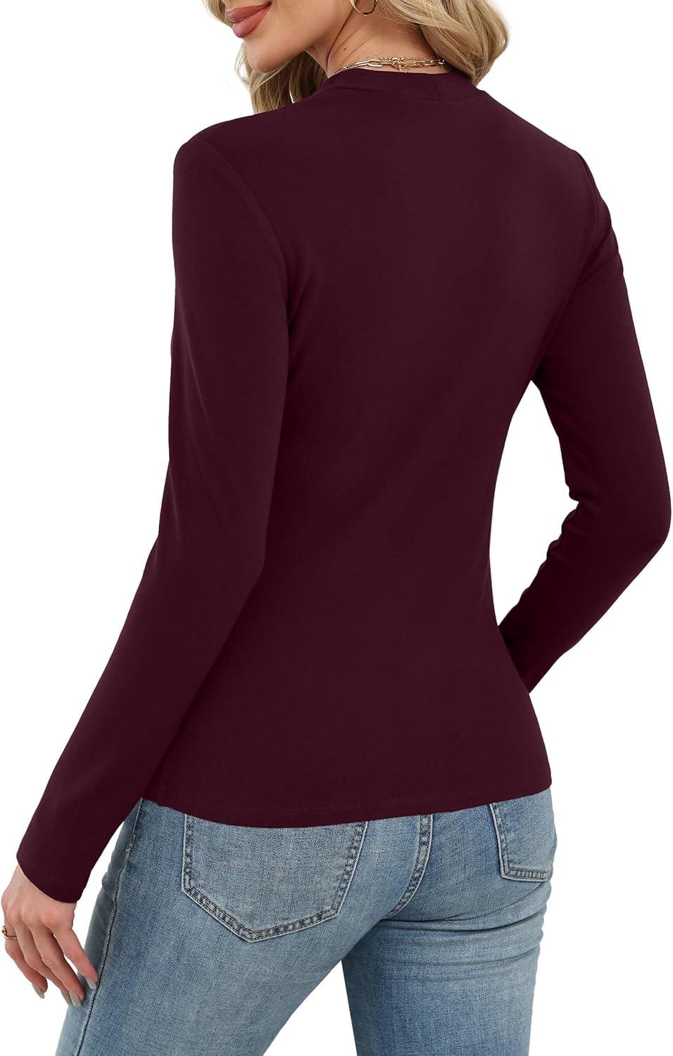 imageXIEERDUO Womens Long Sleeve Thermal Shirt Fleece Mock Neck Tops 2025 Fashion Slim FitWine