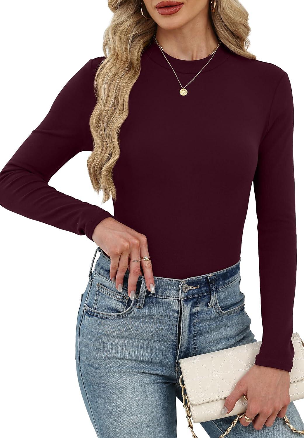 imageXIEERDUO Womens Long Sleeve Thermal Shirt Fleece Mock Neck Tops 2025 Fashion Slim FitWine
