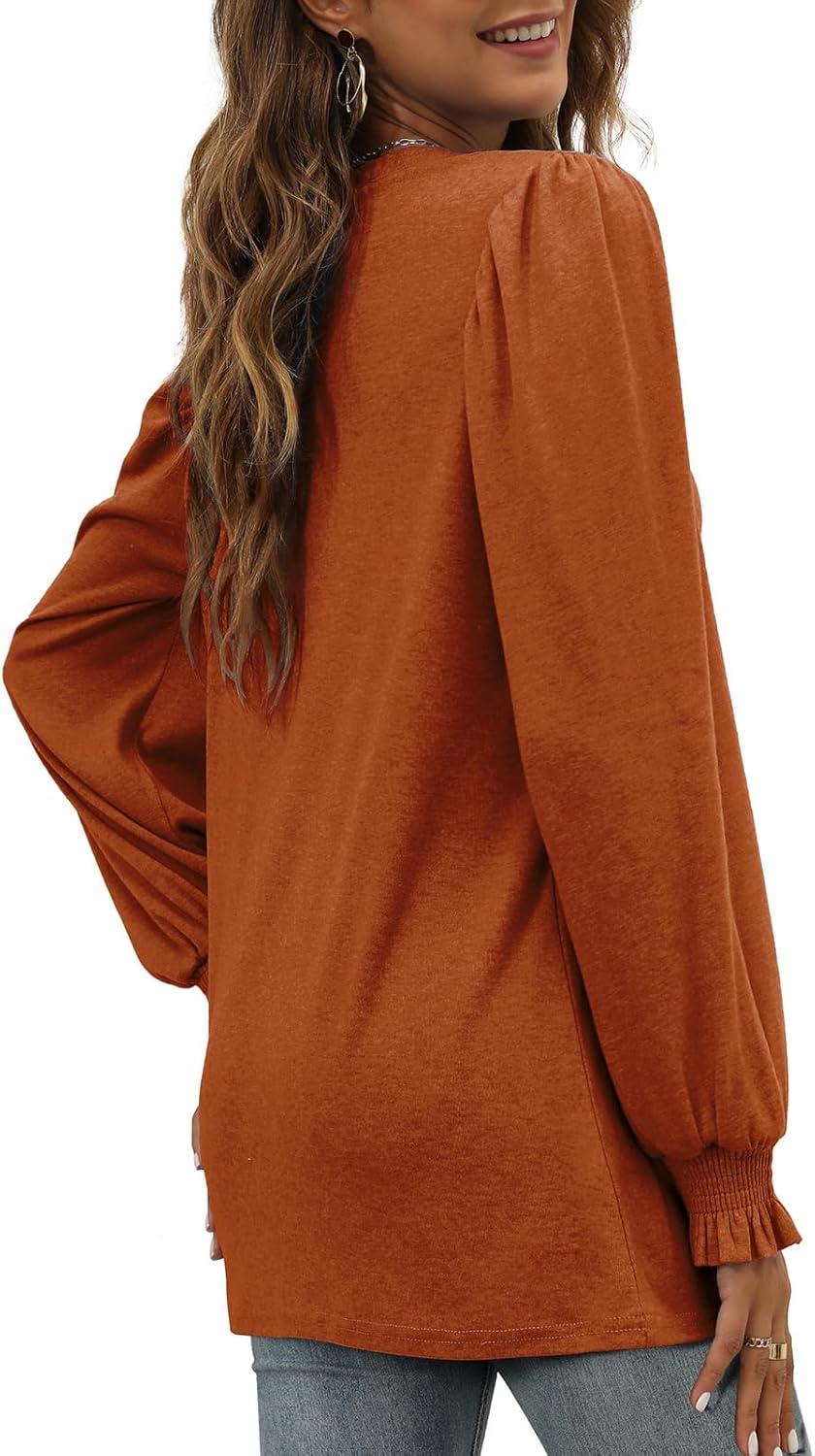 imageXIEERDUO Womens Long Sleeve Tops 2024 Fall Ruffle Puff Sleeve Cute Tunic Shirts DressyA01caramel