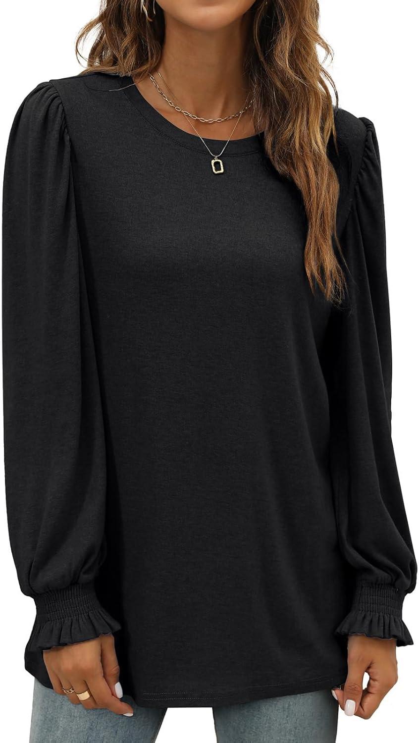 imageXIEERDUO Womens Long Sleeve Tops 2024 Fall Ruffle Puff Sleeve Cute Tunic Shirts DressyA02black
