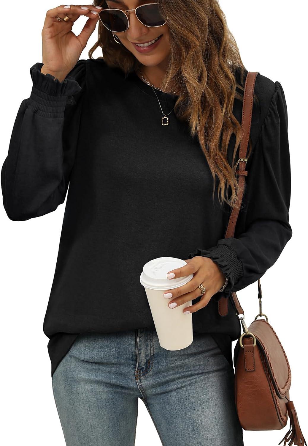 imageXIEERDUO Womens Long Sleeve Tops 2024 Fall Ruffle Puff Sleeve Cute Tunic Shirts DressyA02black