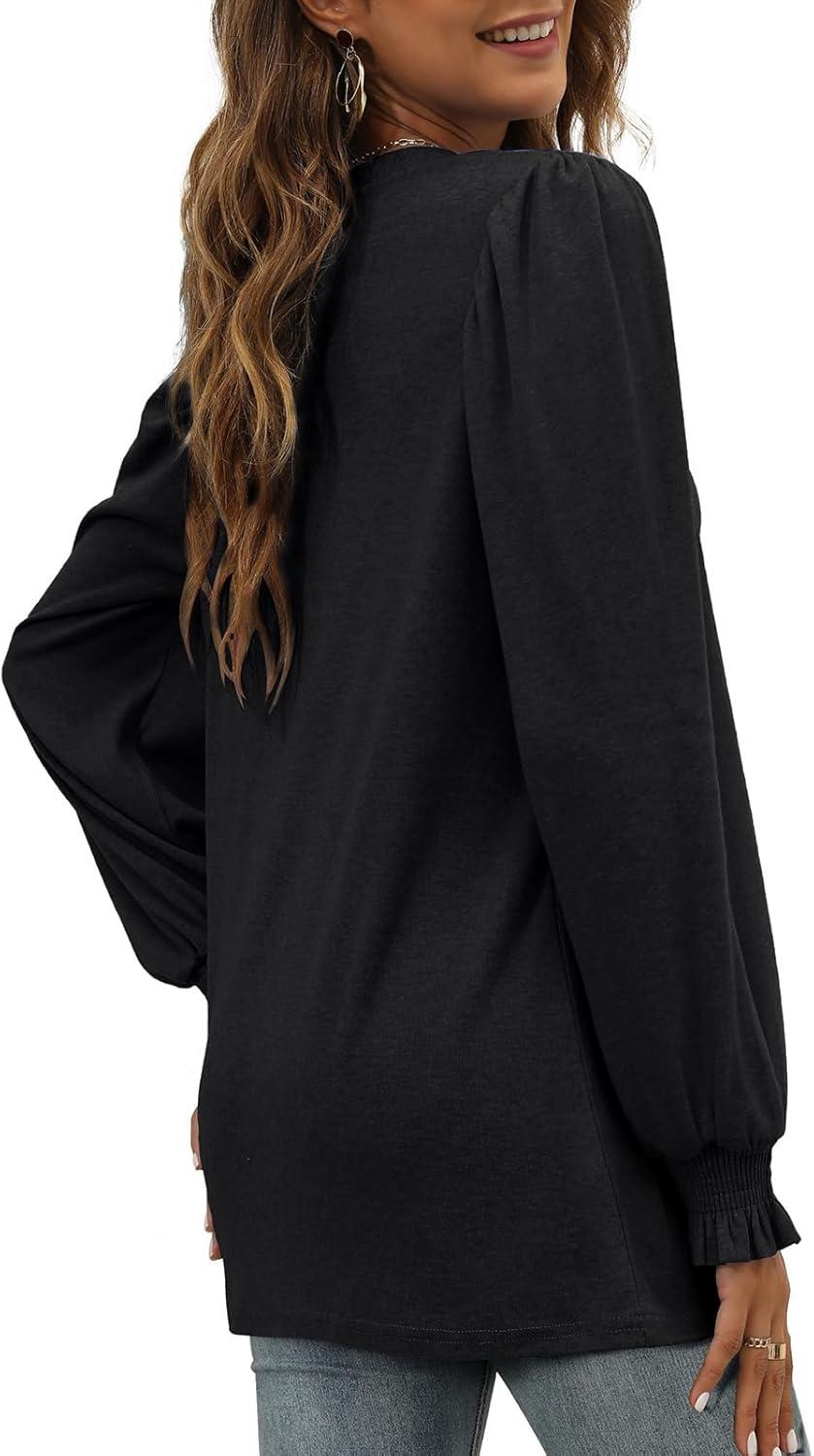 imageXIEERDUO Womens Long Sleeve Tops 2024 Fall Ruffle Puff Sleeve Cute Tunic Shirts DressyA02black
