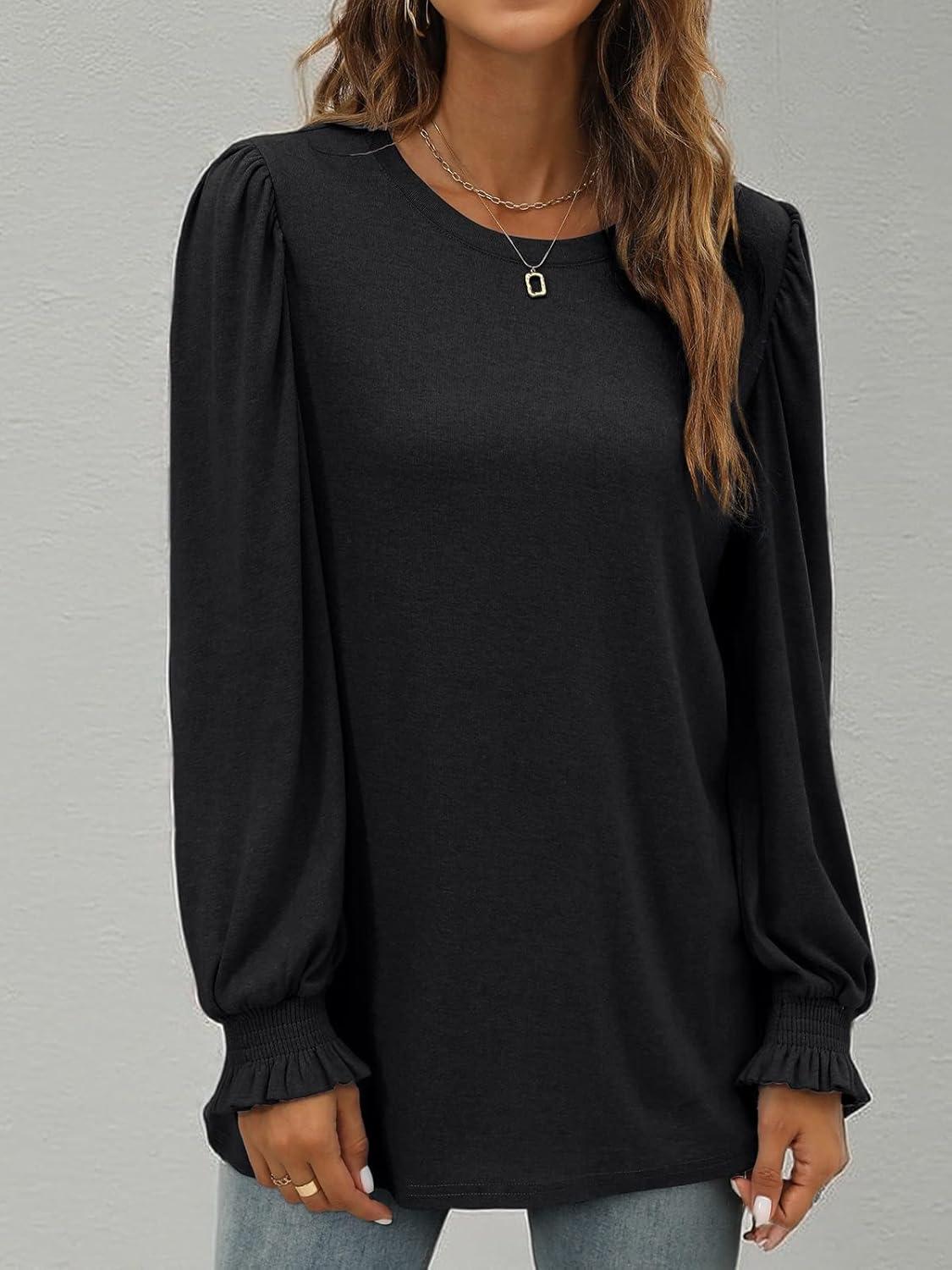 imageXIEERDUO Womens Long Sleeve Tops 2024 Fall Ruffle Puff Sleeve Cute Tunic Shirts DressyA02black